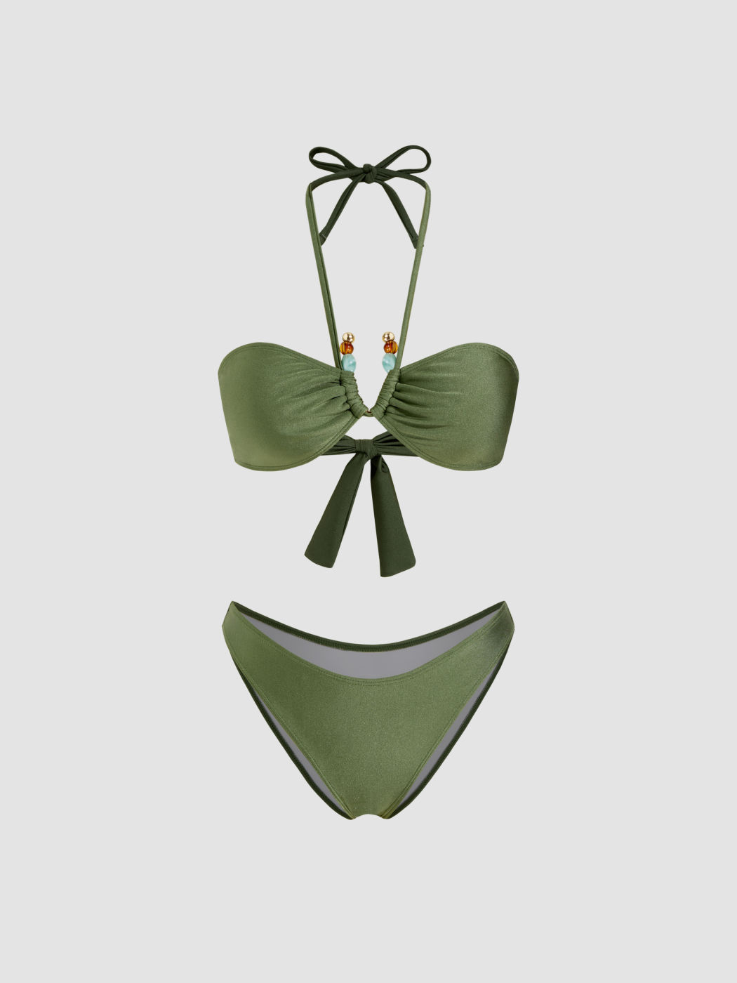 Halter Neckline Beaded Ruched Cheeky Bikini Set