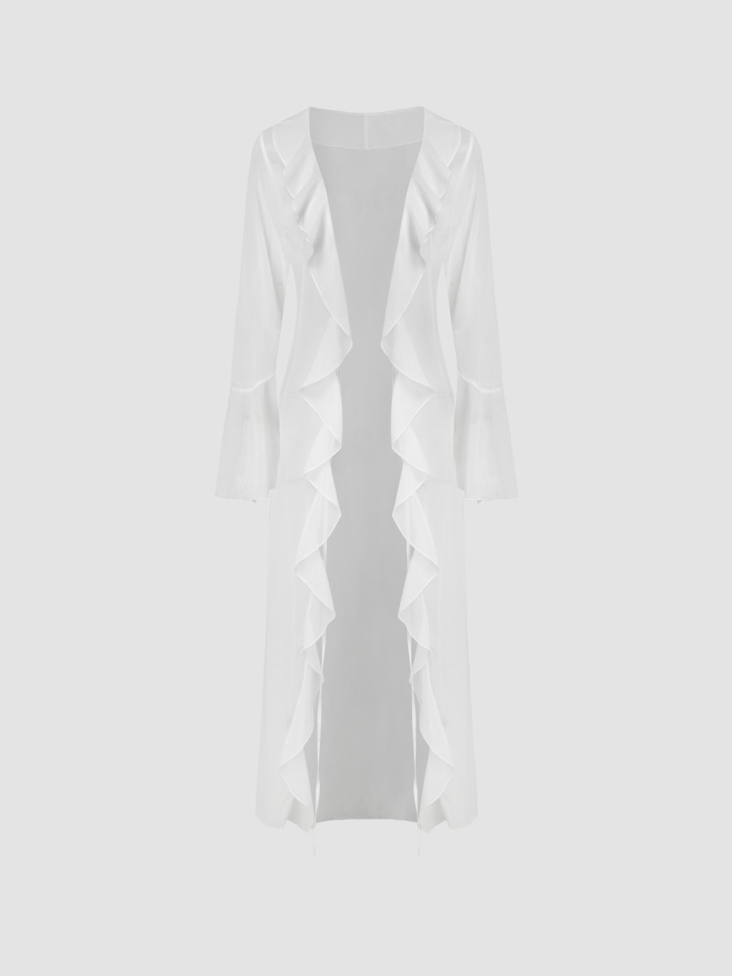 Mesh V-neck Knotted Ruffle Hem Bell Sleeve Cover Up Dress