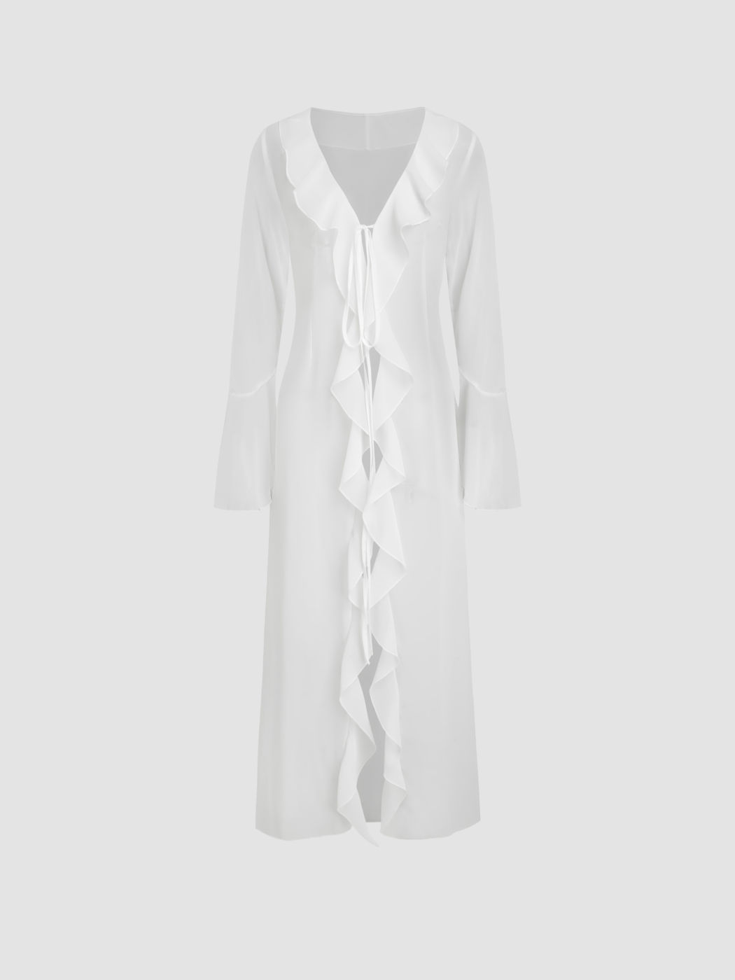 Mesh V-neck Knotted Ruffle Hem Bell Sleeve Cover Up Dress