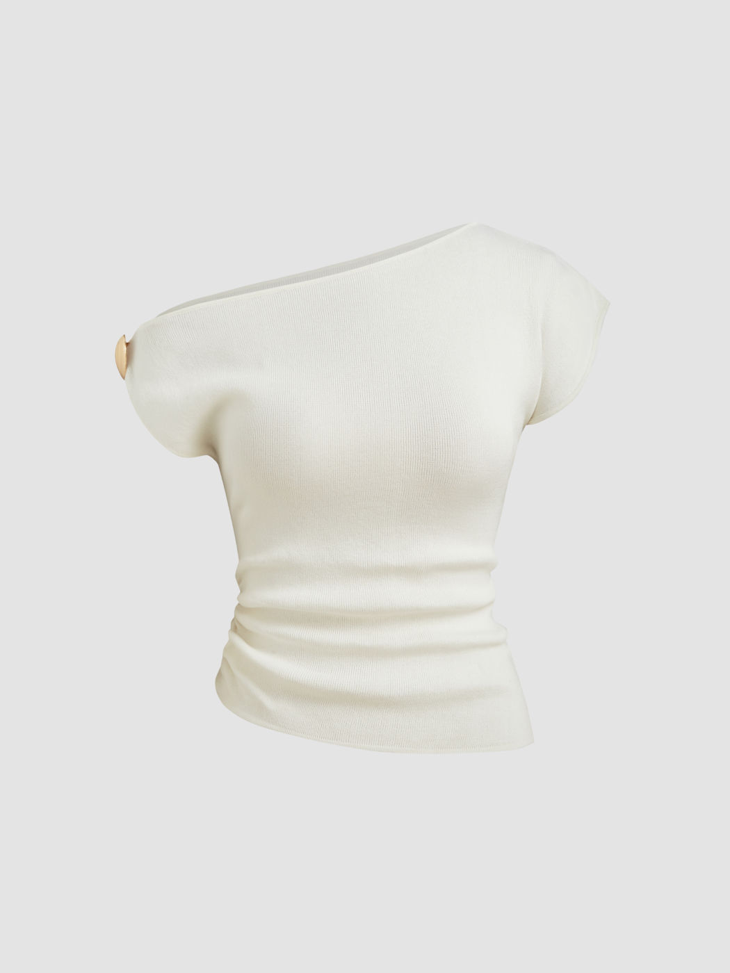Knit Asymmetrical Neck Shell Metal Button Ruched Top