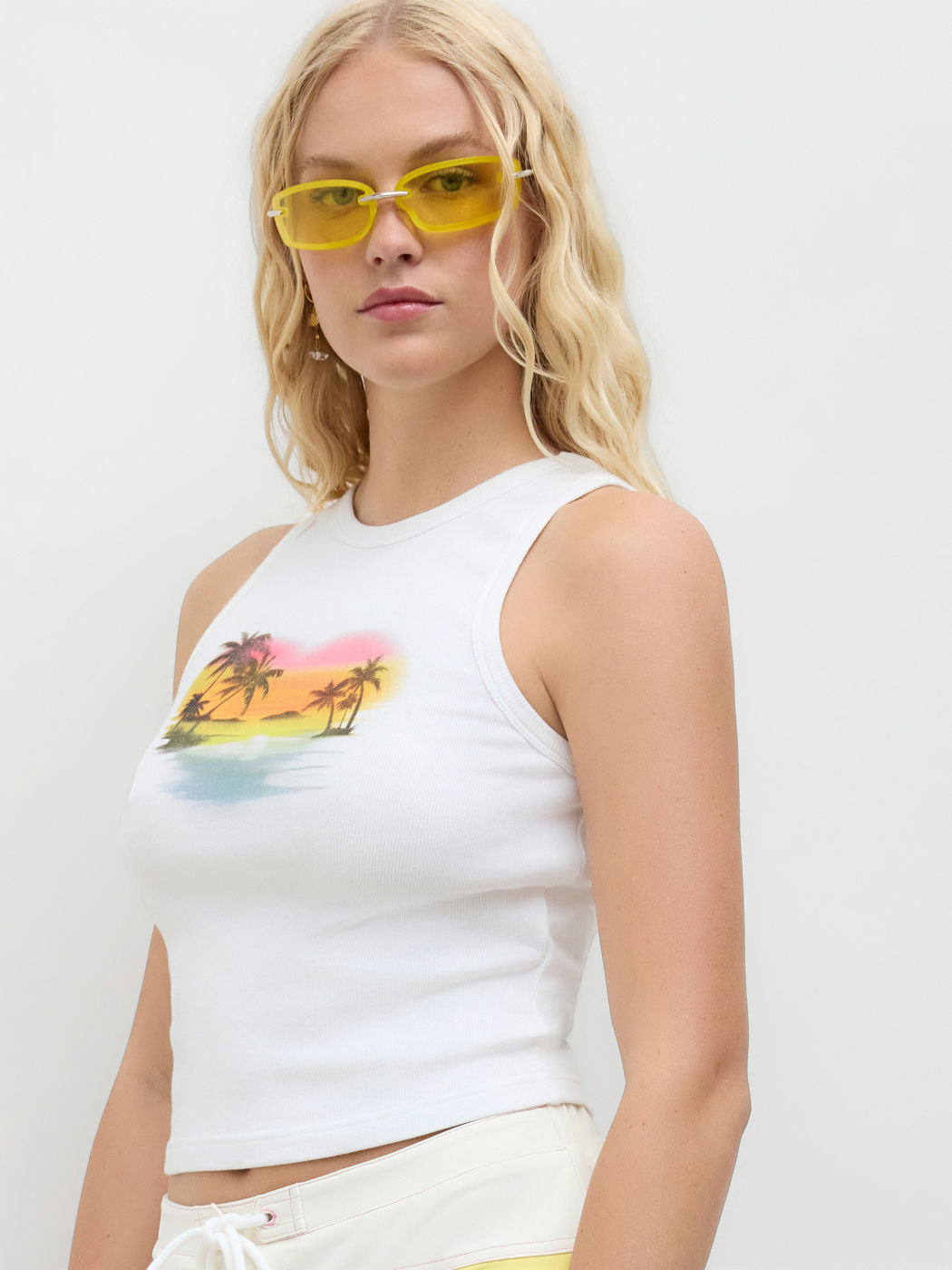 Cotton-blend Sunset Coconut Tree Graphic Tank Top