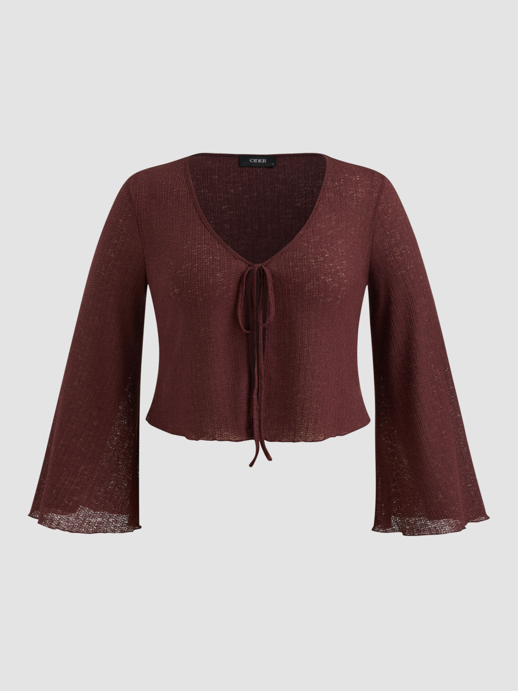 Linen-blend V-neck Knotted Bell Sleeve Top Curve & Plus