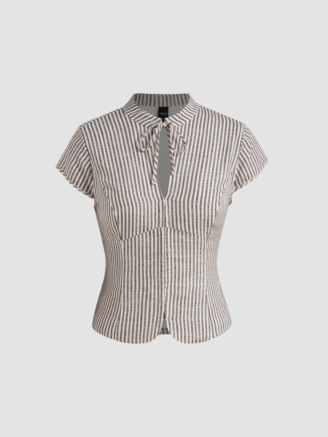 Linen-blend Stand Collar Stripe Cut Out Knotted Blouse