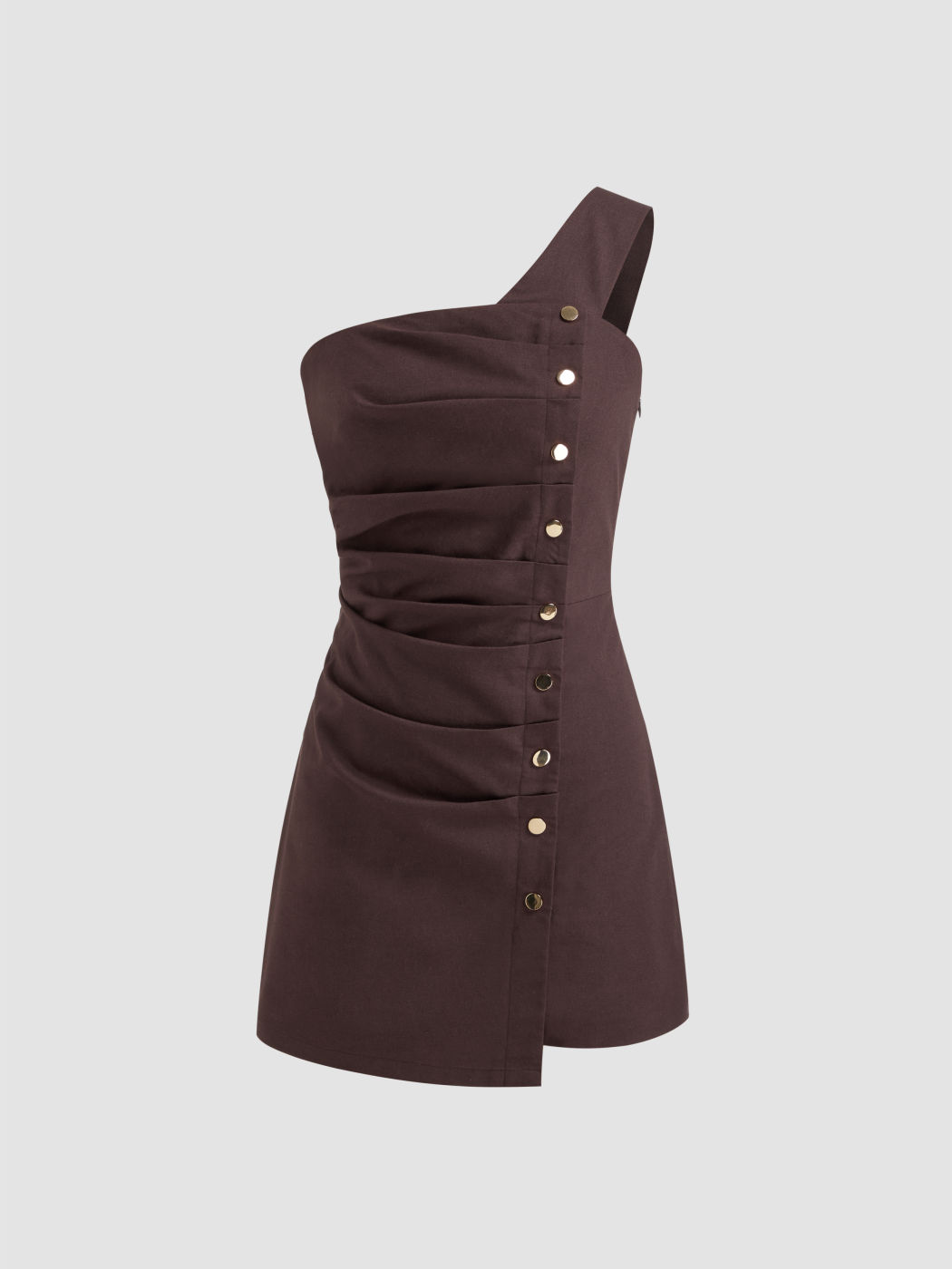 Linen-blend Asymmetrical Neck Button Ruched Mini Dress