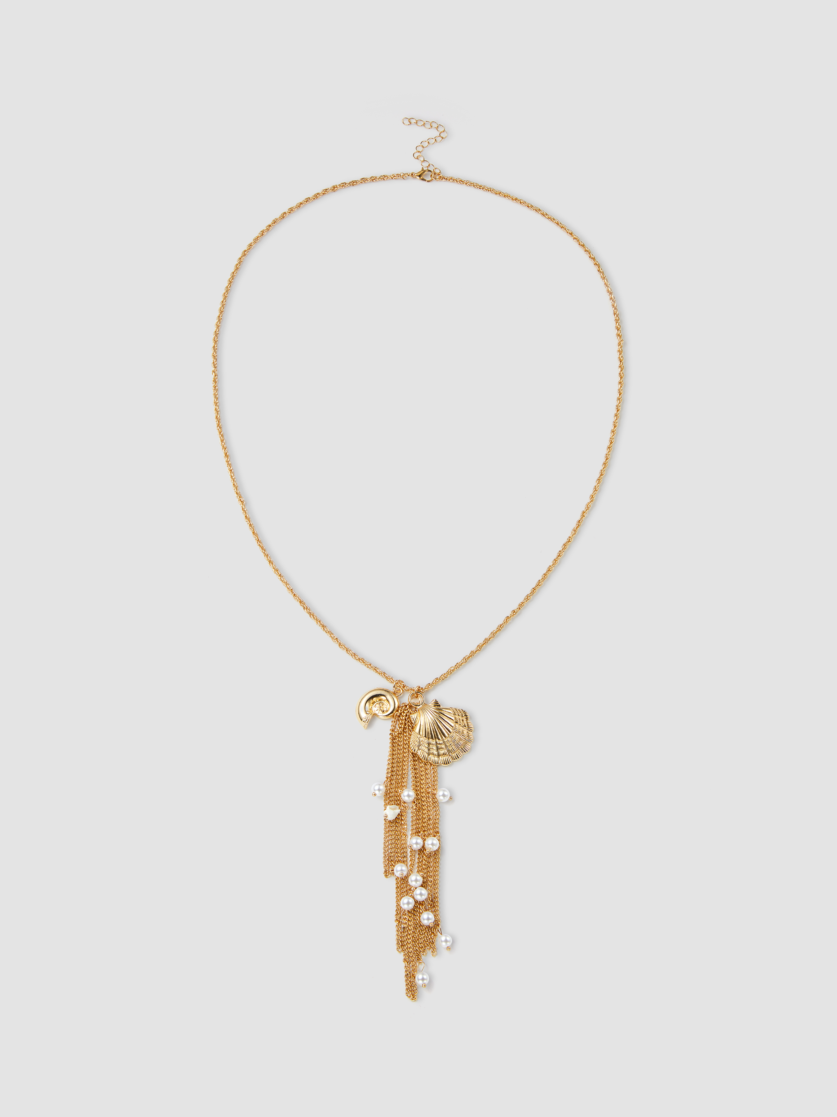 SHELLS & CONCH & FAUX PEARL DECOR TASSEL NECKLACE