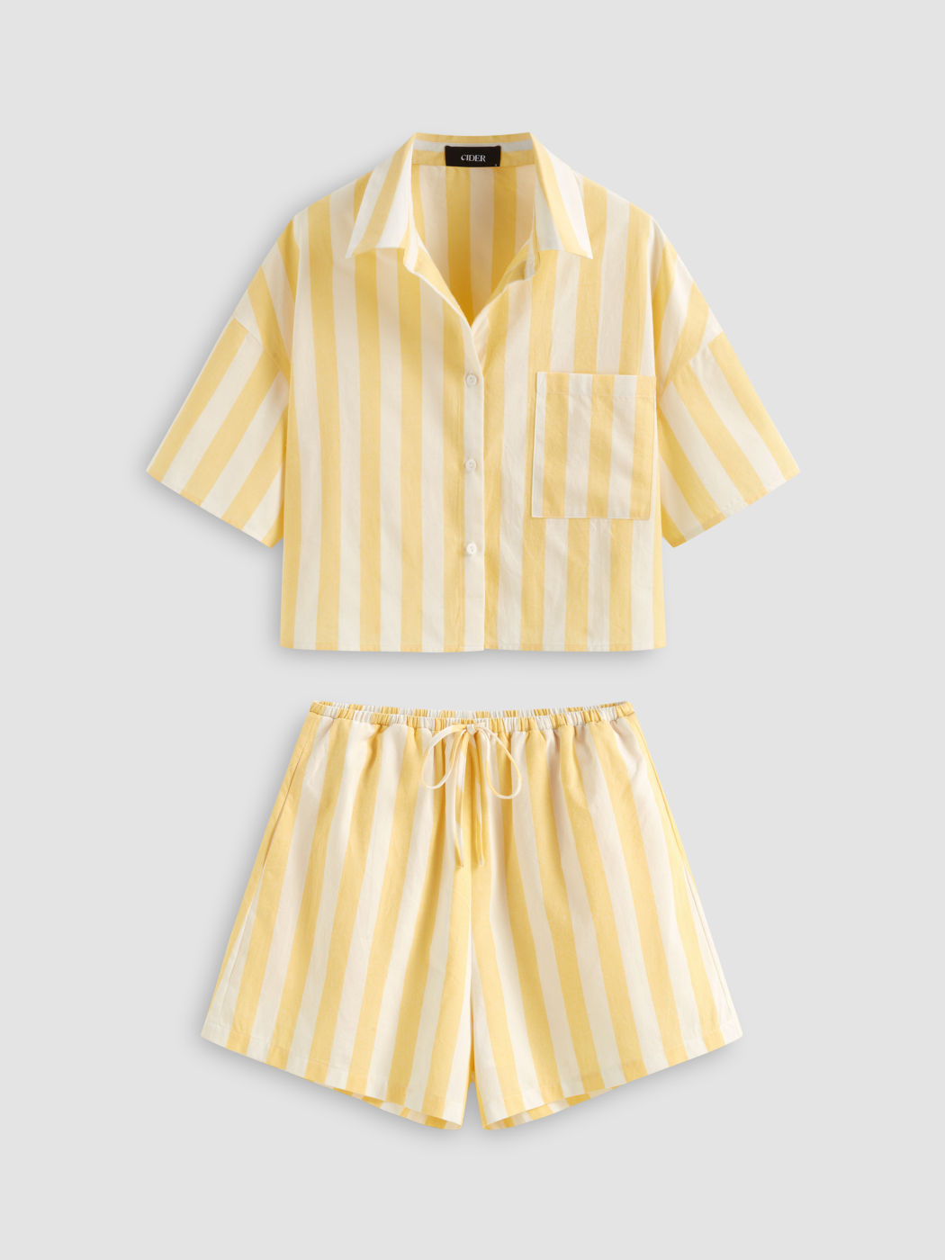 Cotton Collar Stripe Oversized Shirt & Mid Rise Drawstring Shorts Set
