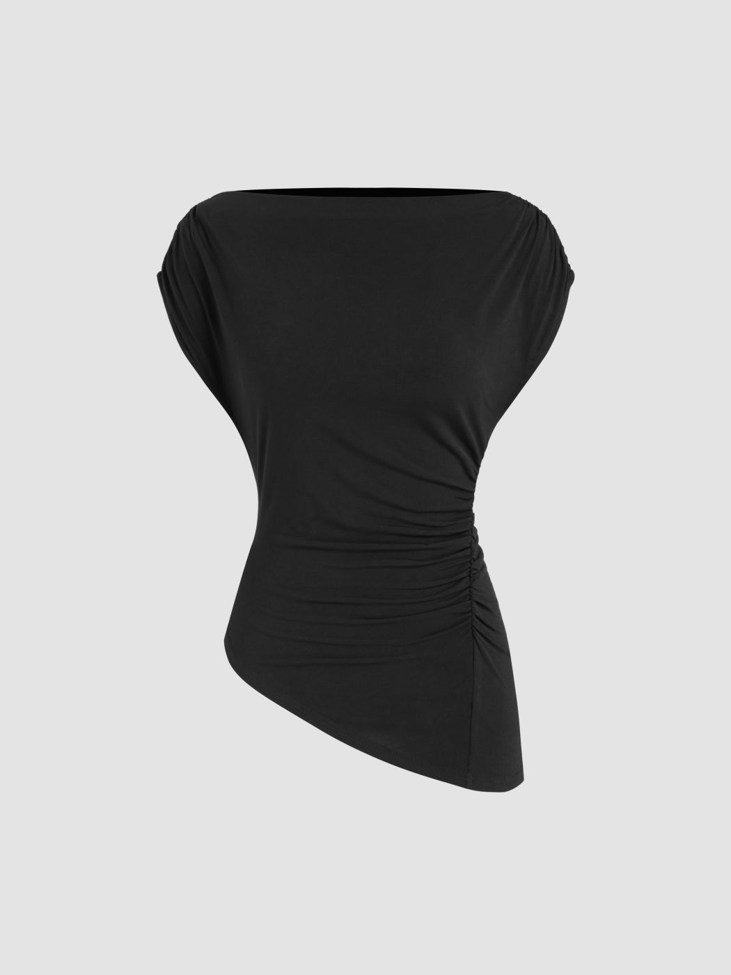 Boat Neck Asymmetrical Hem Ruched Top