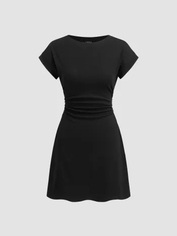 Baumwollmischung Rundhals-Rusche-Minikleid