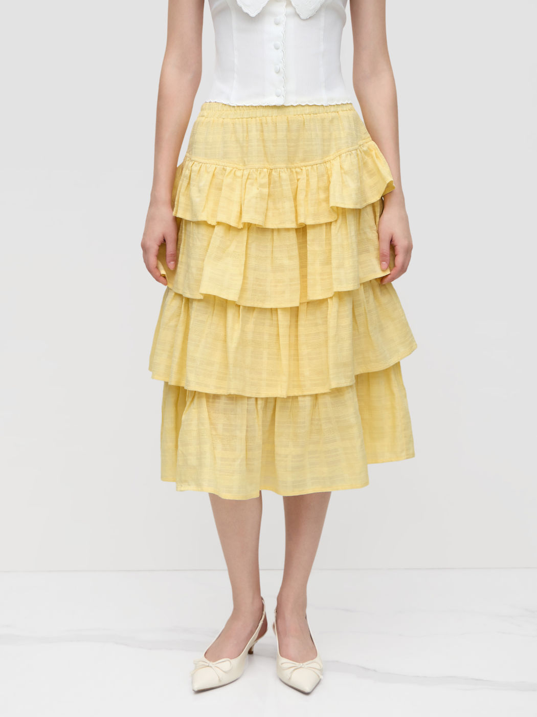 100% Baumwolle, voluminöse Midi-Skirt mit Rüschensaum und Schichten