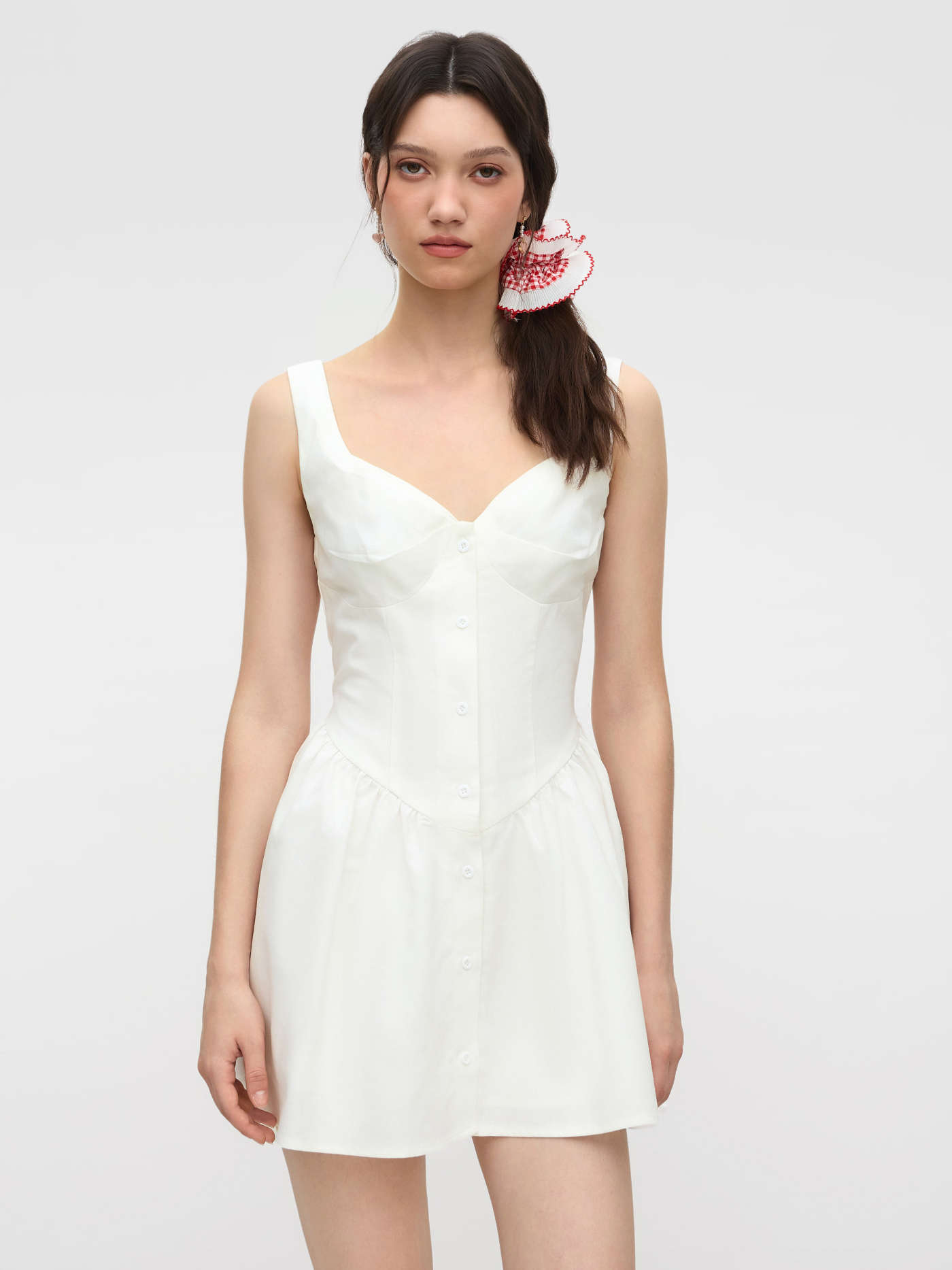 Linen-blend Sweetheart Neckline Button Ruffle Mini Dress