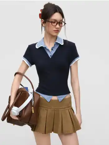 Polo Neck Gingham Patchy Two Tone Lace Trim Tee