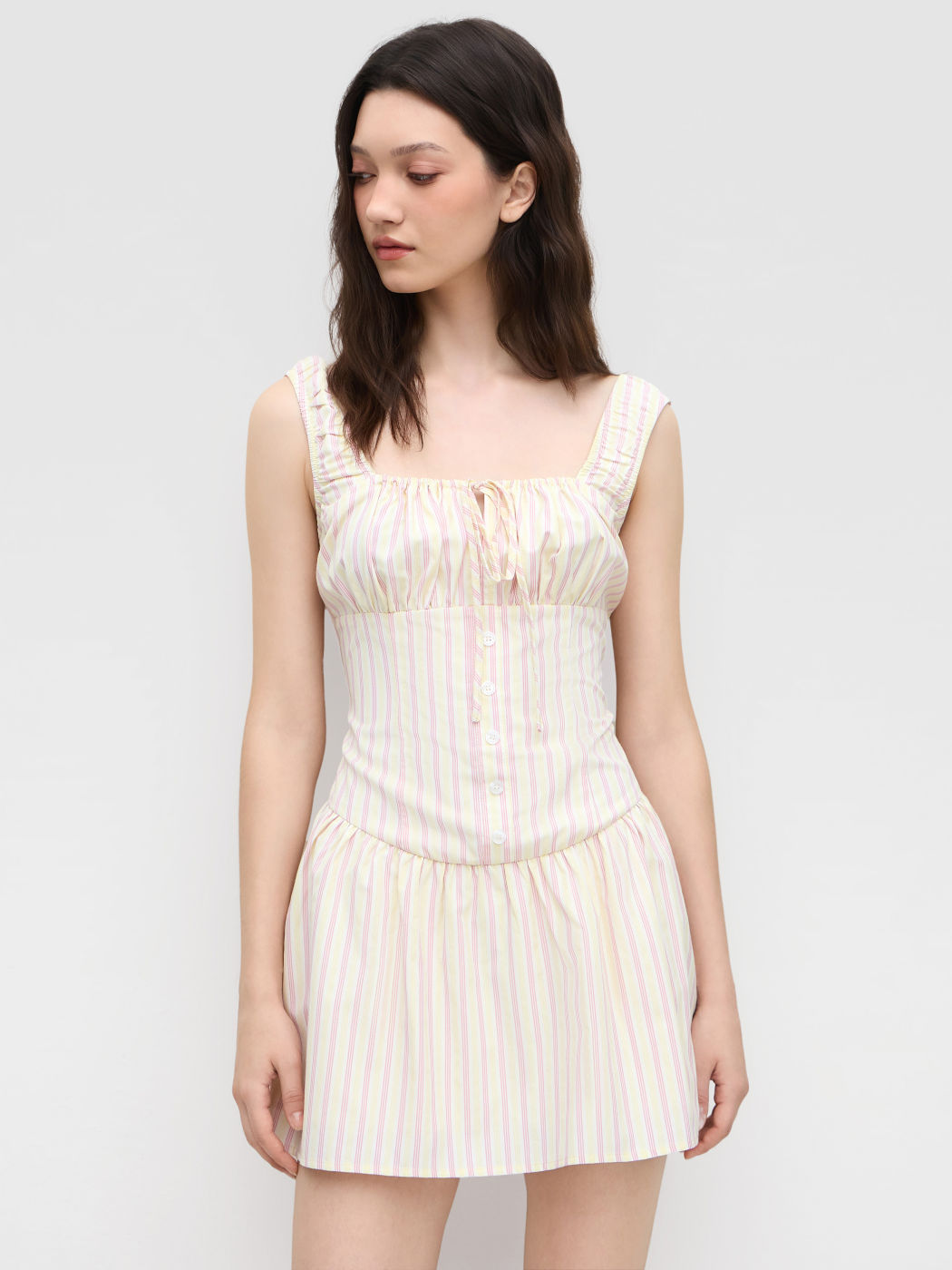Cotton-blend Stripe Ruched Shirred Knotted Cami Mini Dress
