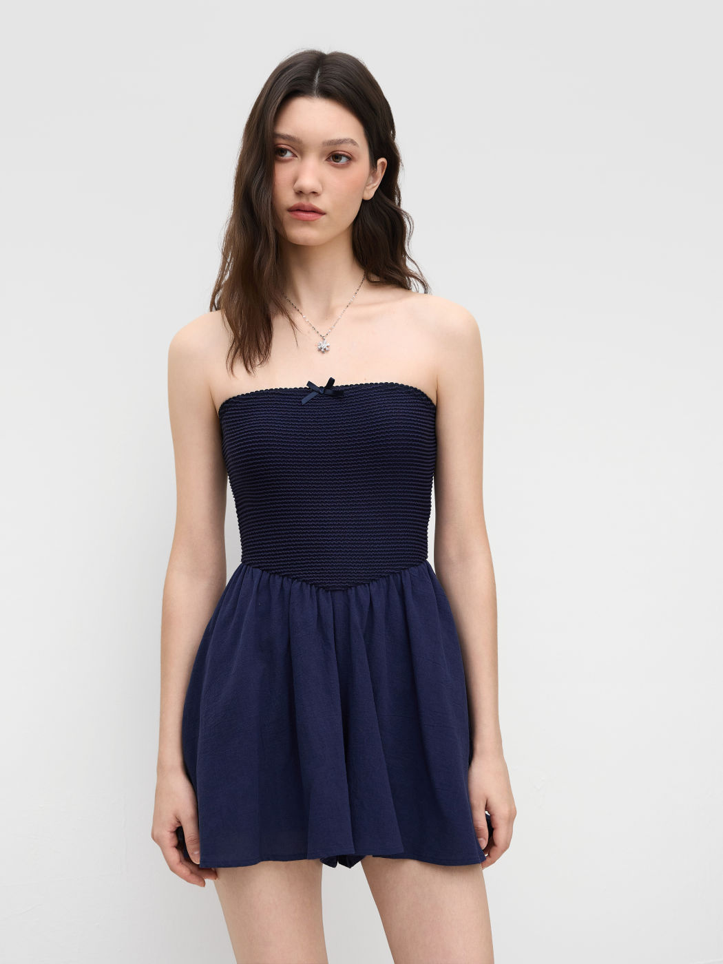 Cotton Texture Bandeau Bowknot Ruffle Hem Romper