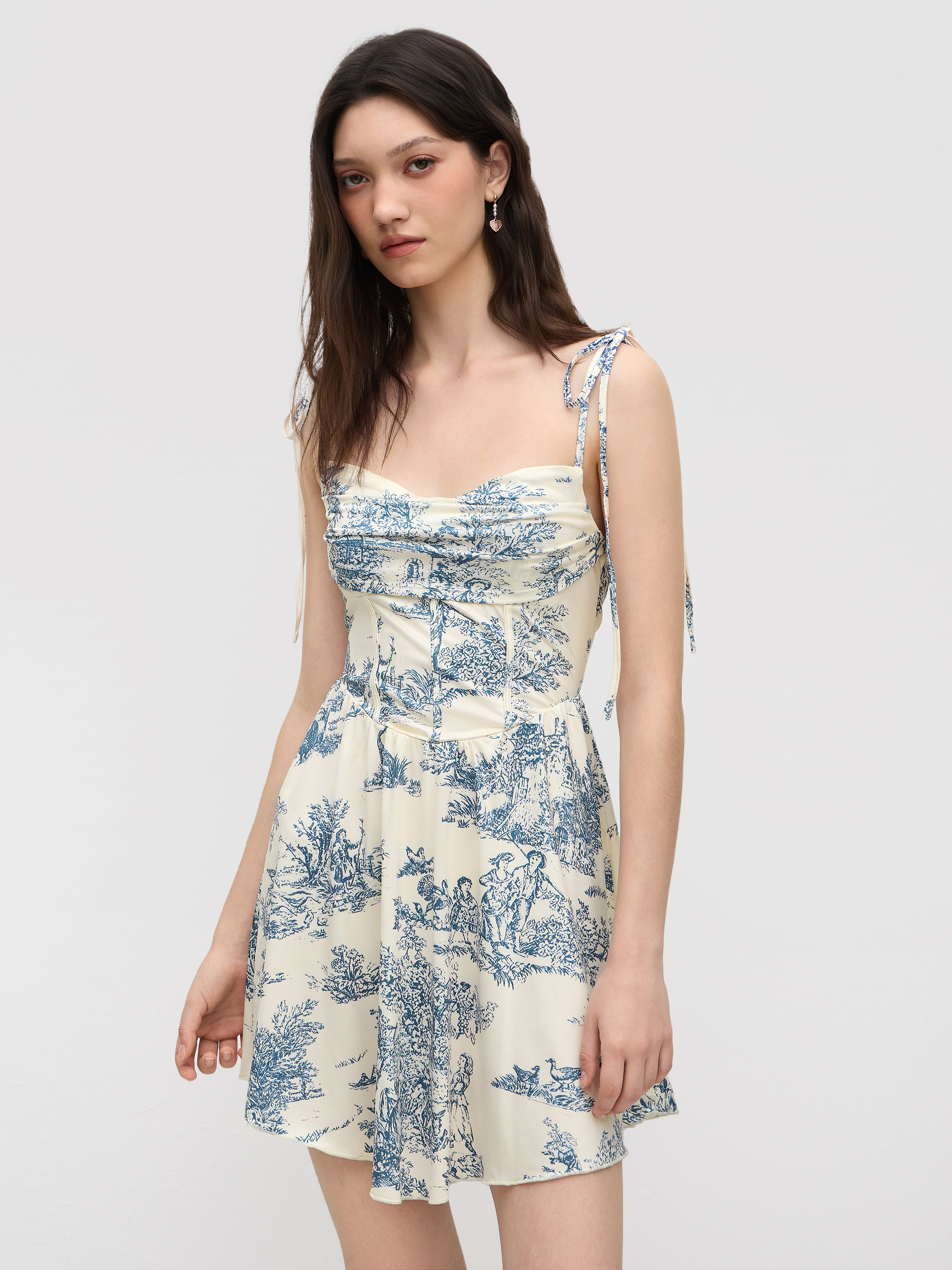 Cowl Neck Corset Knotted Ruffle Mini Dress