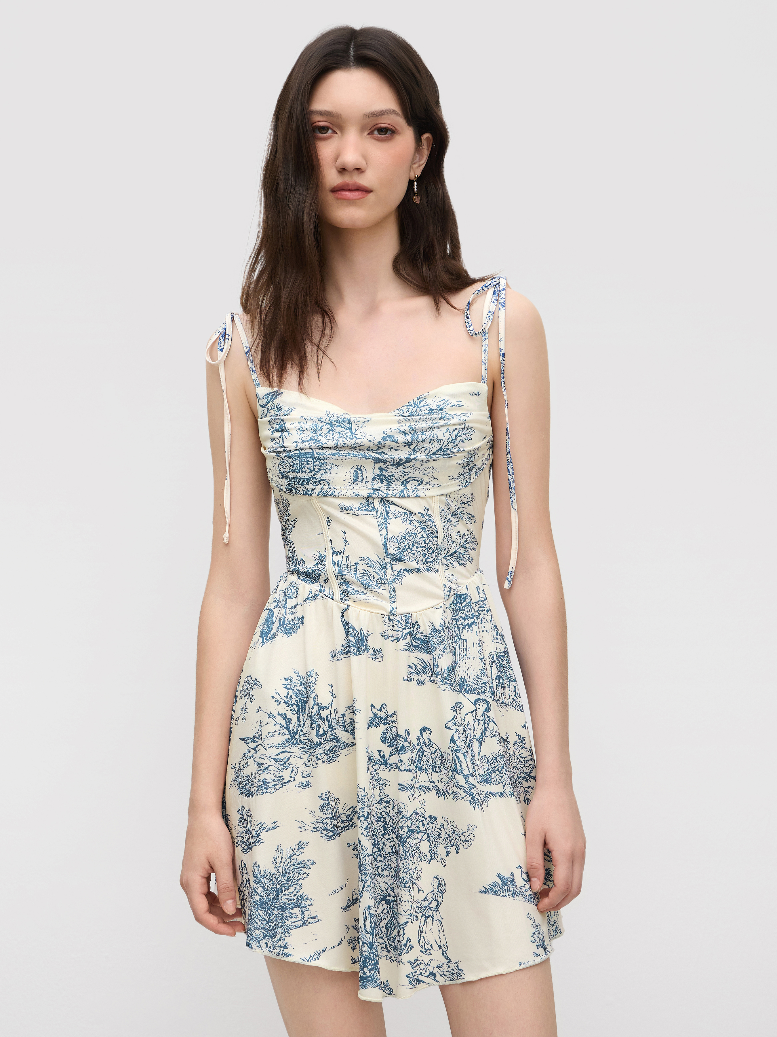 Cowl Neck Corset Knotted Ruffle Mini Dress