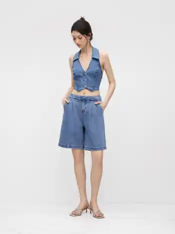 Denim V-Ausschnitt Einfarbiges Knopf Halter Crop Top