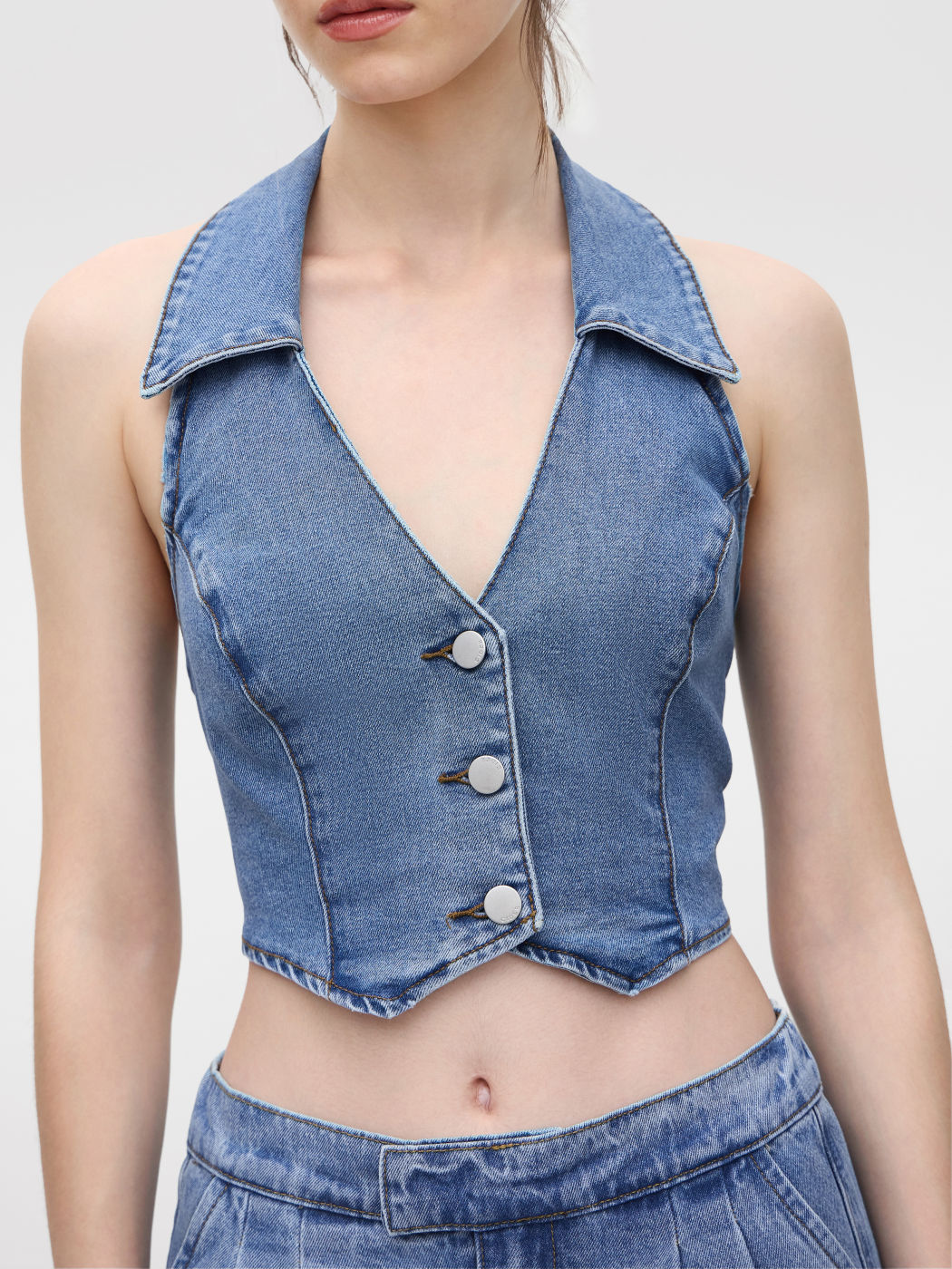 Denim Scollo a V Bottoni Solidi Halter Crop Top