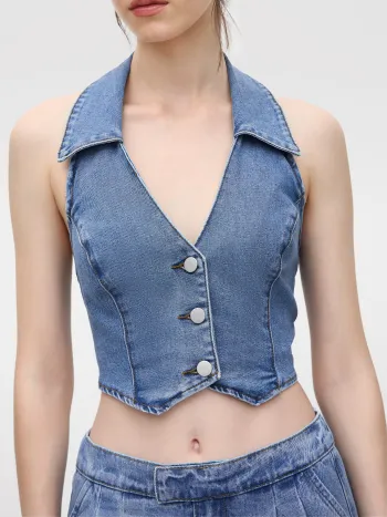 Denim V-Ausschnitt Einfarbiges Knopf Halter Crop Top