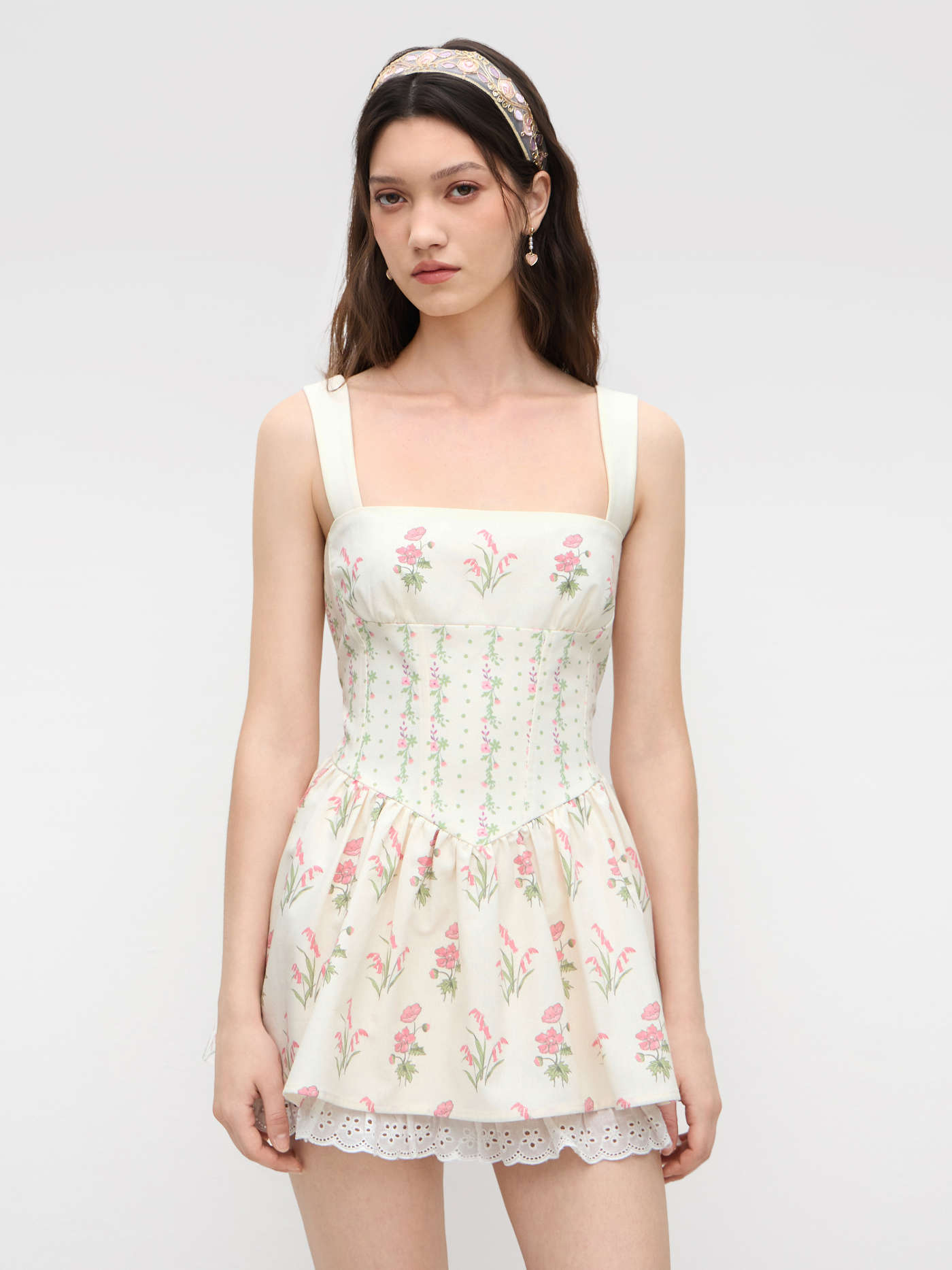 Linen-blend Floral Broderie Anglaise Trim Layered Lace Up Mini Dress