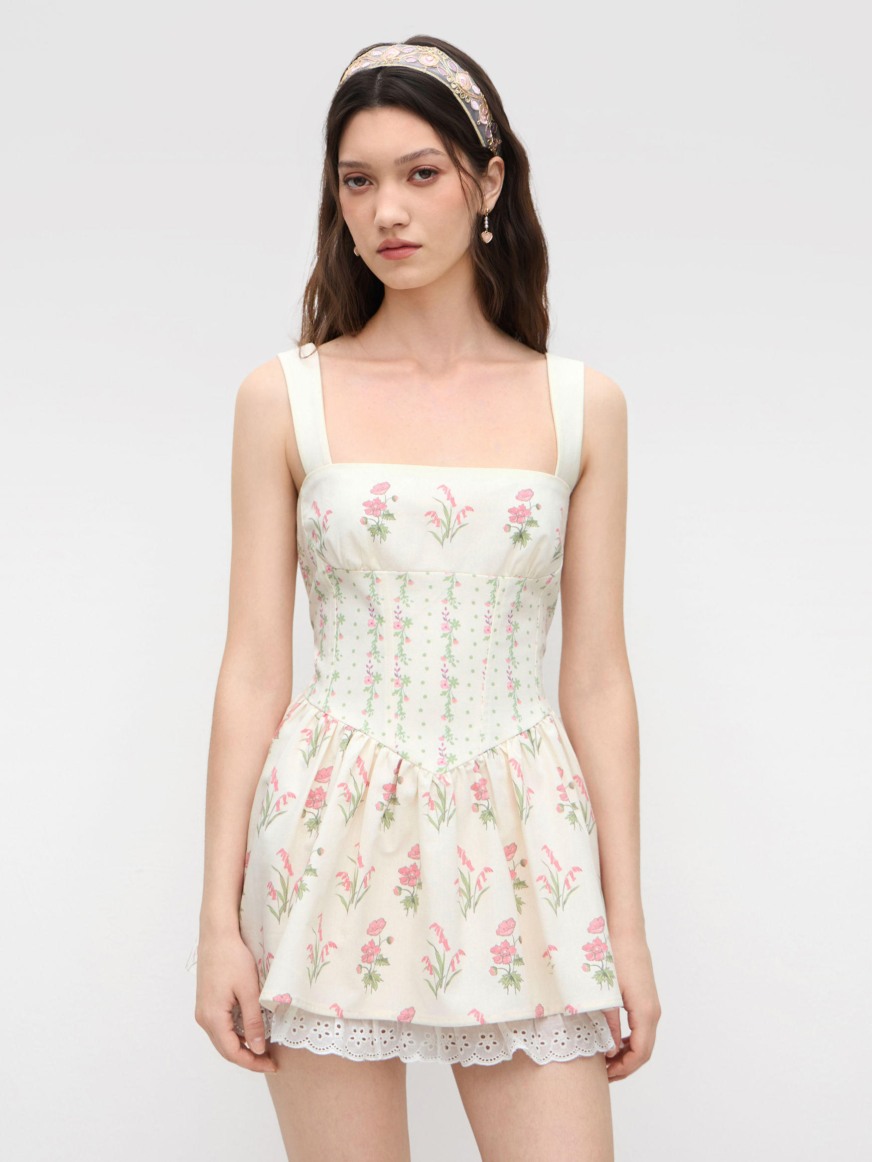 Linen-blend Floral Broderie Anglaise Trim Layered Lace Up Mini Dress