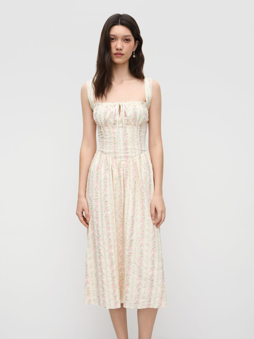 Cotton-blend Square Neck Ditsy Floral Knotted Shirred Midi Dress