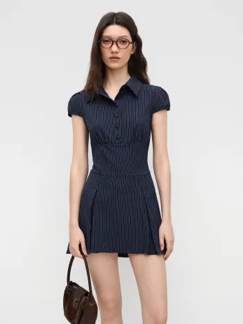 Collar Stripes Pleated Shirt Mini Dress