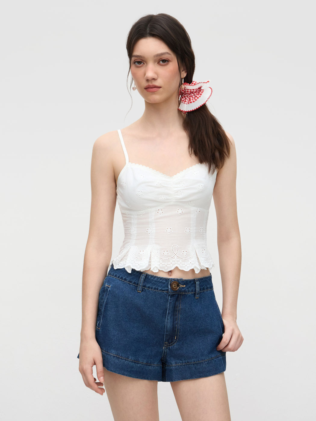 Cotton Sweetheart Neckline Broderie Anglaise Lettuce Trim Cami Top
