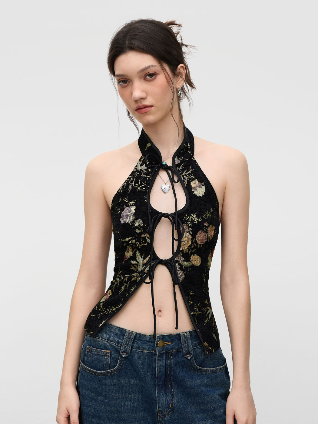 Jacquard Mandarin Collar Floral Tie Front Cut Out Tank Top