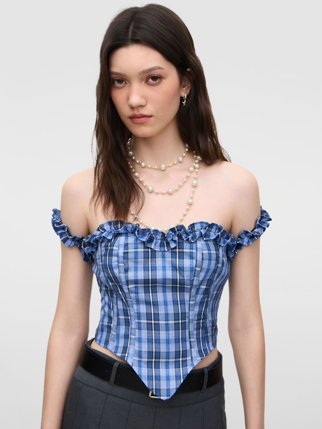 Off-shoulder Plaid Lettuce Trim Crop Top