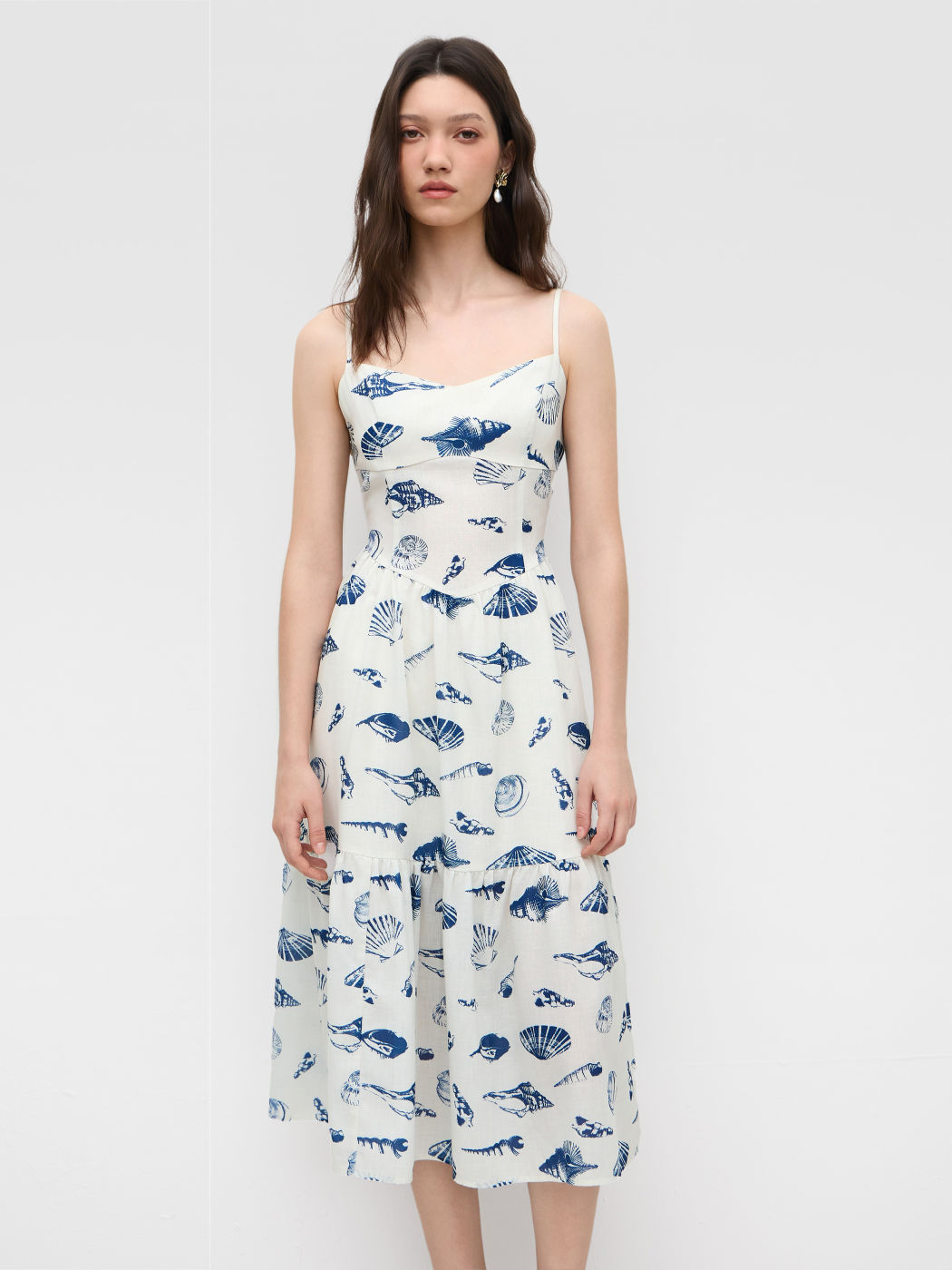Midi-Kleid mit Herzausschnitt, Meeresfrüchte-Muster, Rüschen und Schnürung
