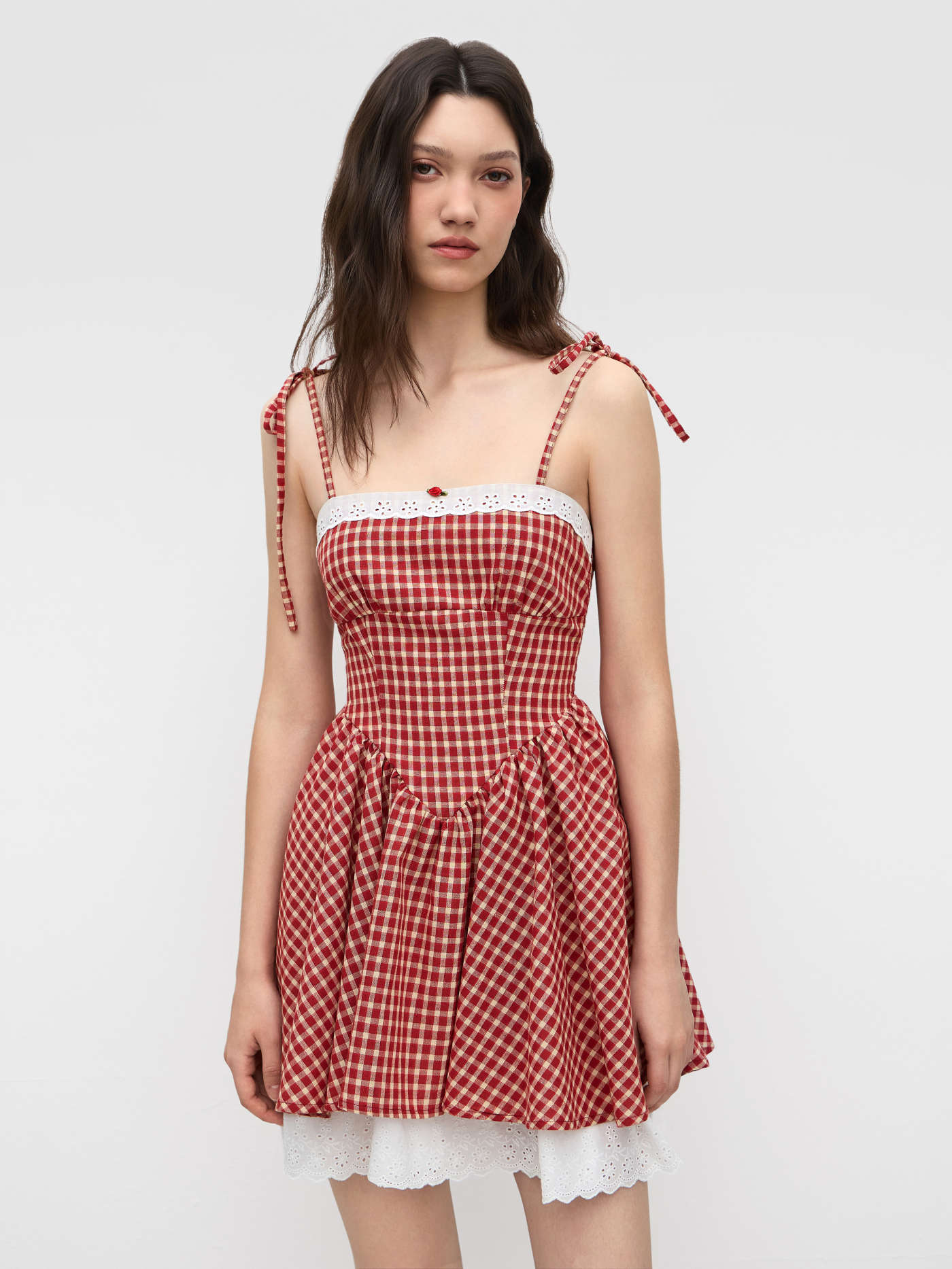 Cotton-blend Gingham Broderie Anglaise Trim Shirred Ruffle Mini Dress