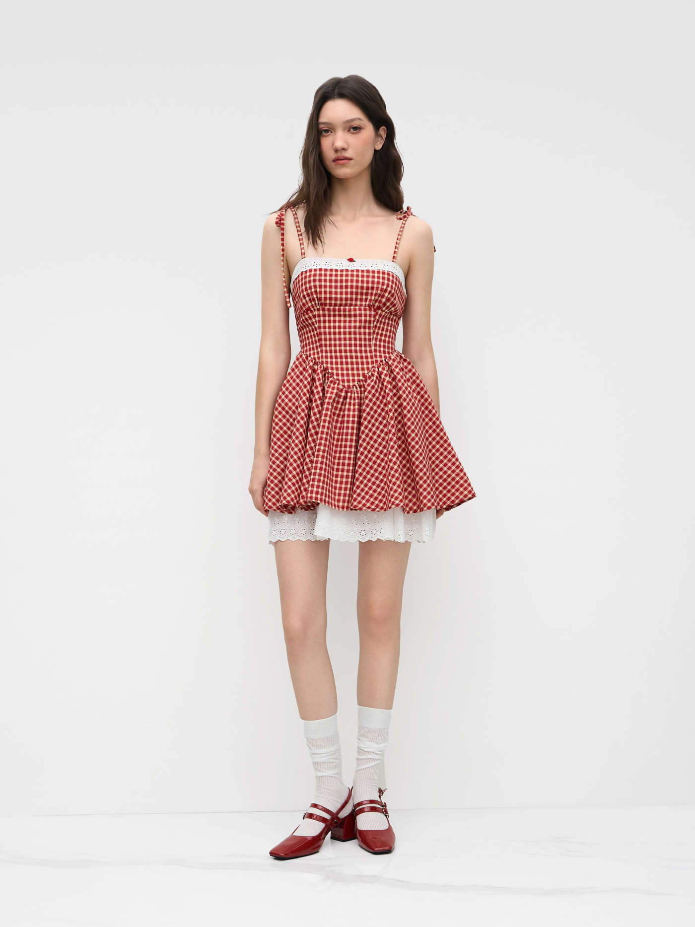 Cotton-blend Gingham Broderie Anglaise Trim Shirred Ruffle Mini Dress