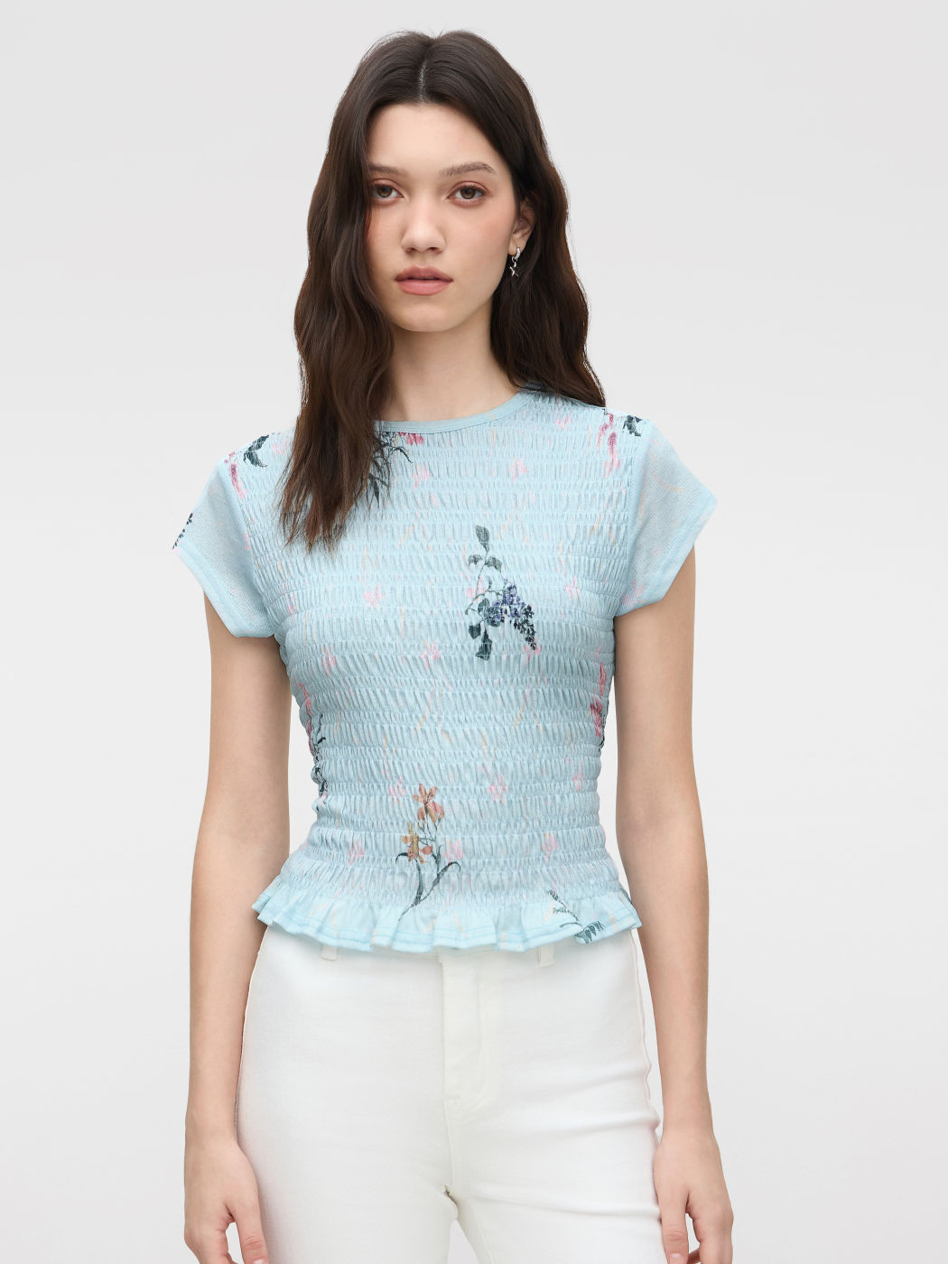 Floral Lettuce Hem Shirred Short Sleeve Top