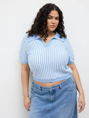 Knit Polo Striped Oversized Short Sleeve Top Curve & Plus