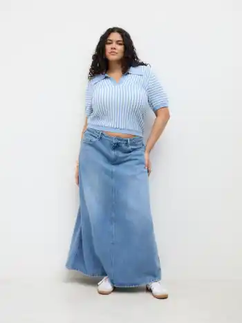 Knit Polo Striped Oversized Short Sleeve Top Curve & Plus