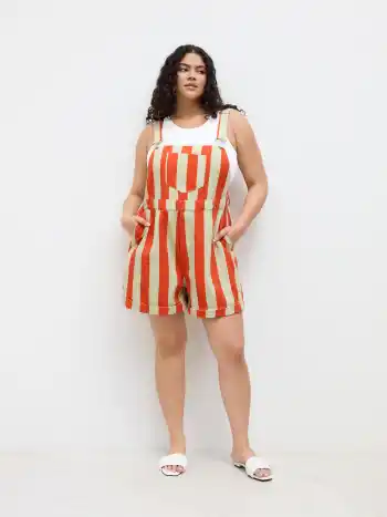 Denim Stripe Pocket Roll Hem Romper Curve & Plus