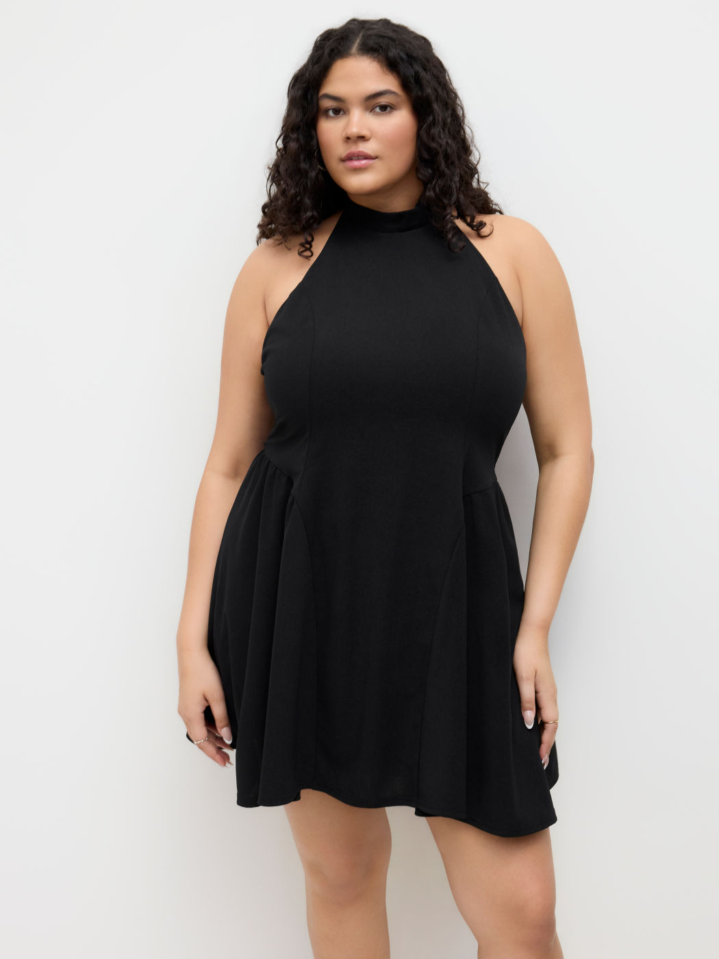 Halter Neckline Knotted Backless Ruffle Mini Dress Curve & Plus