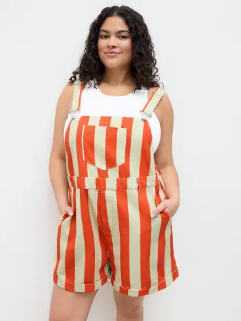 Denim Stripe Pocket Roll Hem Romper Curve & Plus