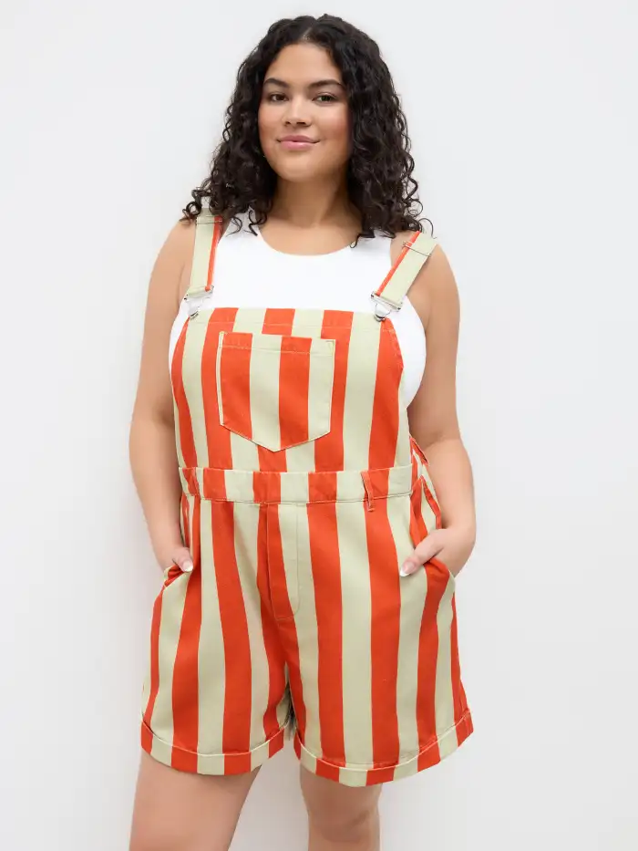 Denim Polka Dot Buckle Up Pleated Romper Curve & Plus