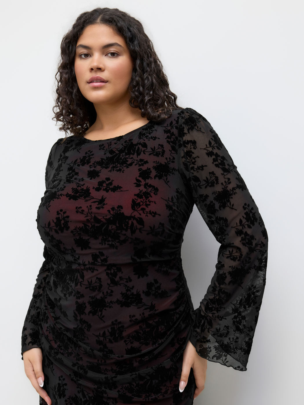 Mesh Boat Neck Floral Ruched Maxi Dress Curve & Plus