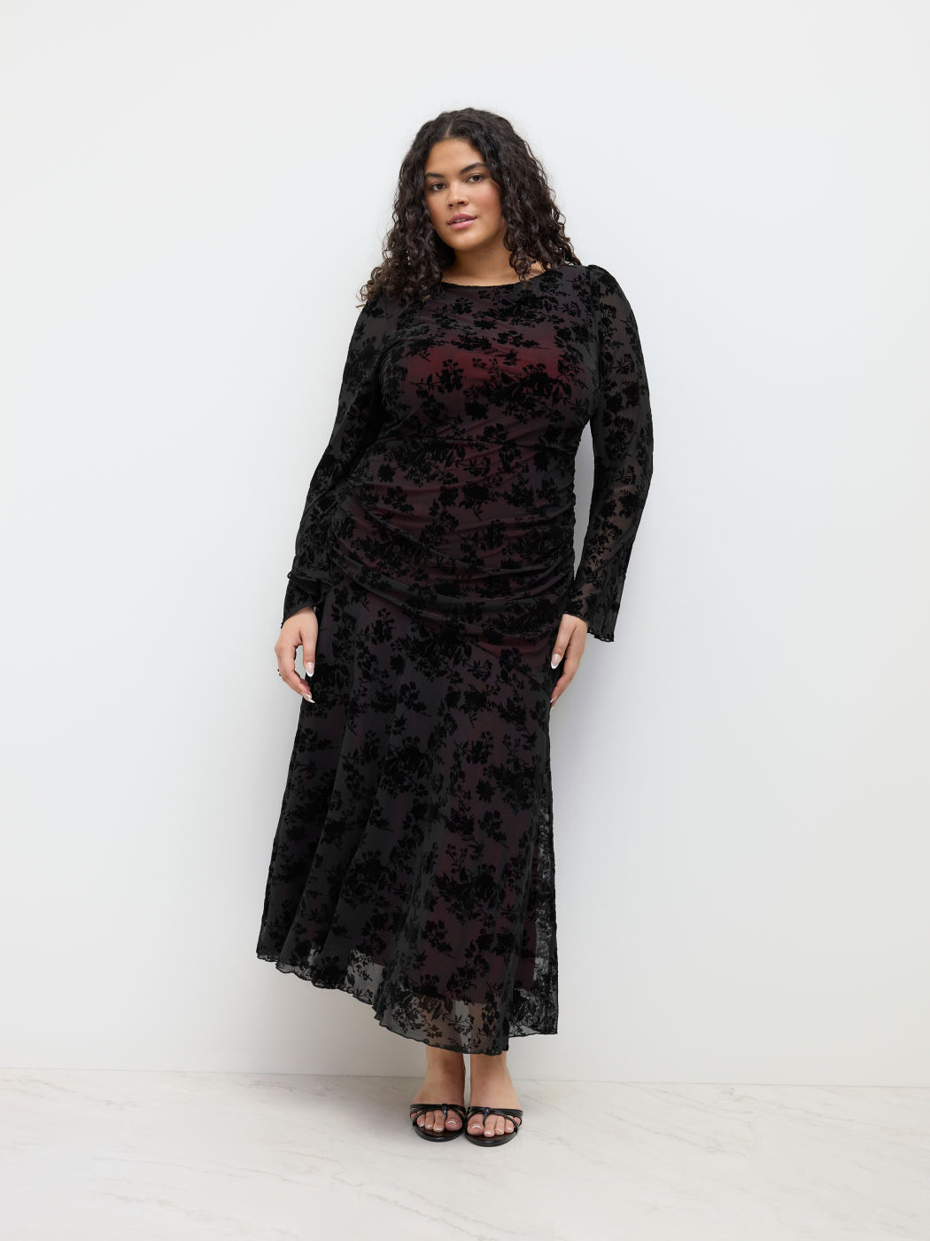 Mesh Boat Neck Floral Ruched Maxi Dress Curve & Plus