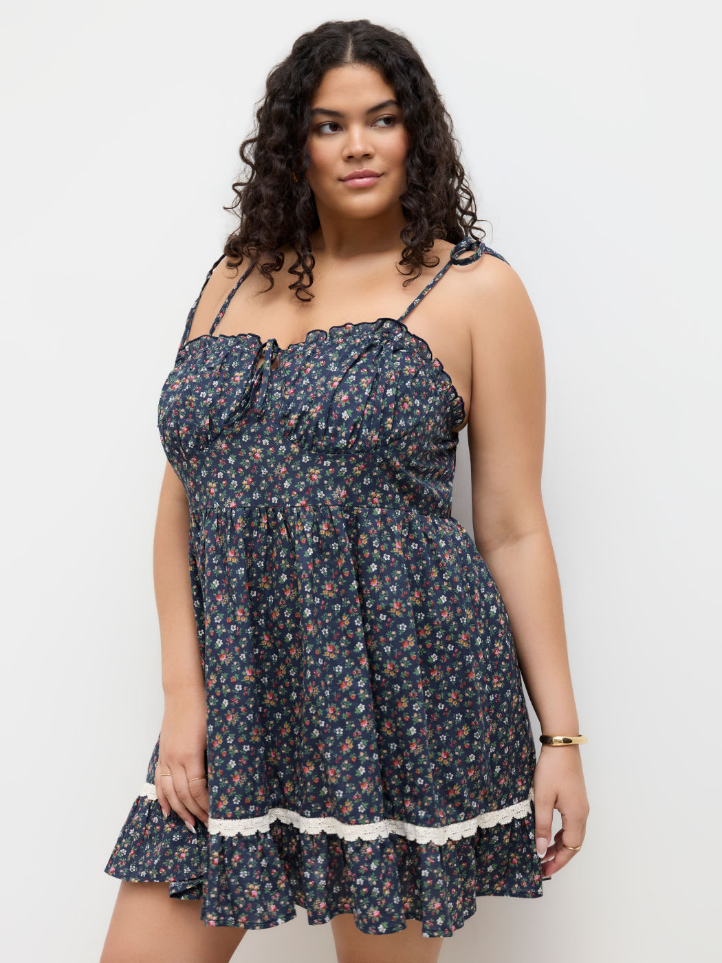 100% Cotton Sweetheart Floral Knotted Tiered Mini Dress Curve & Plus