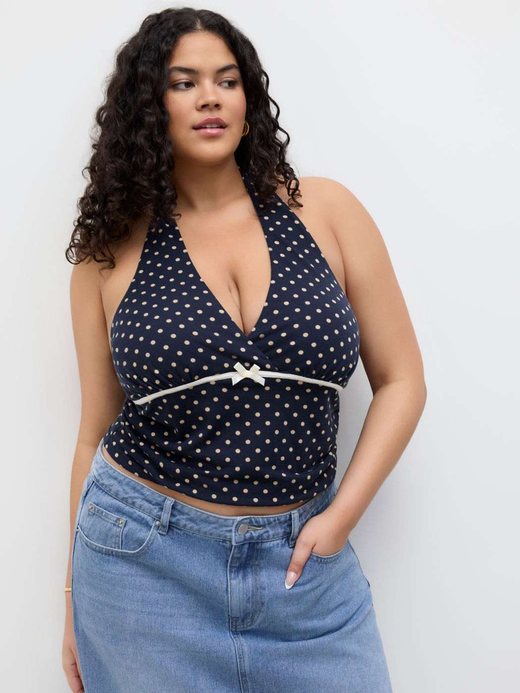V-neck Halter Polka Dot Bowknot Ruched Tank Top Curve & Plus