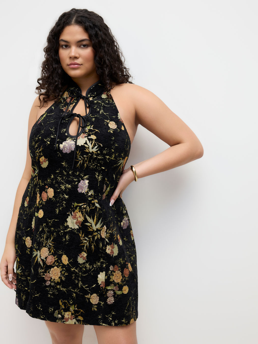 Jacquard Halter Neckline Floral Cut Out Tie Front Mini Dress Curve & Plus
