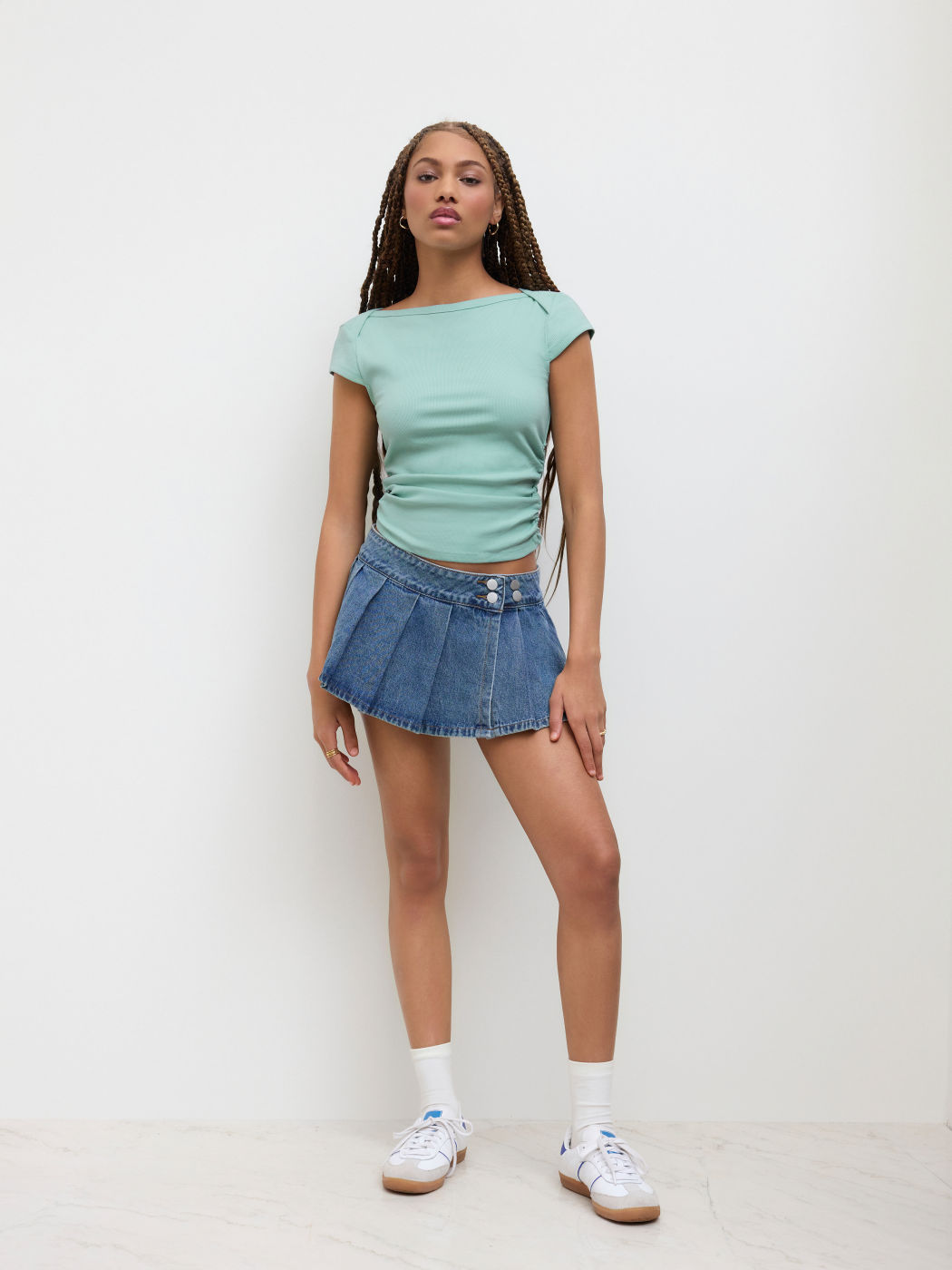Cotton-blend Boat Neck Solid Ruched Short Sleeve Tee