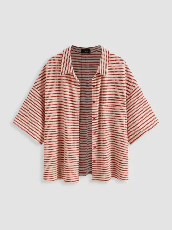 Kragenstreifen-Button-Through-Over-Size-Bluse Kurve & Plus