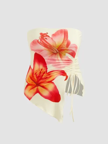 Blumengrafik, Reißverschluss, asymmetrischer Rockrand - Bandeau Oberteil Kurve & Plus