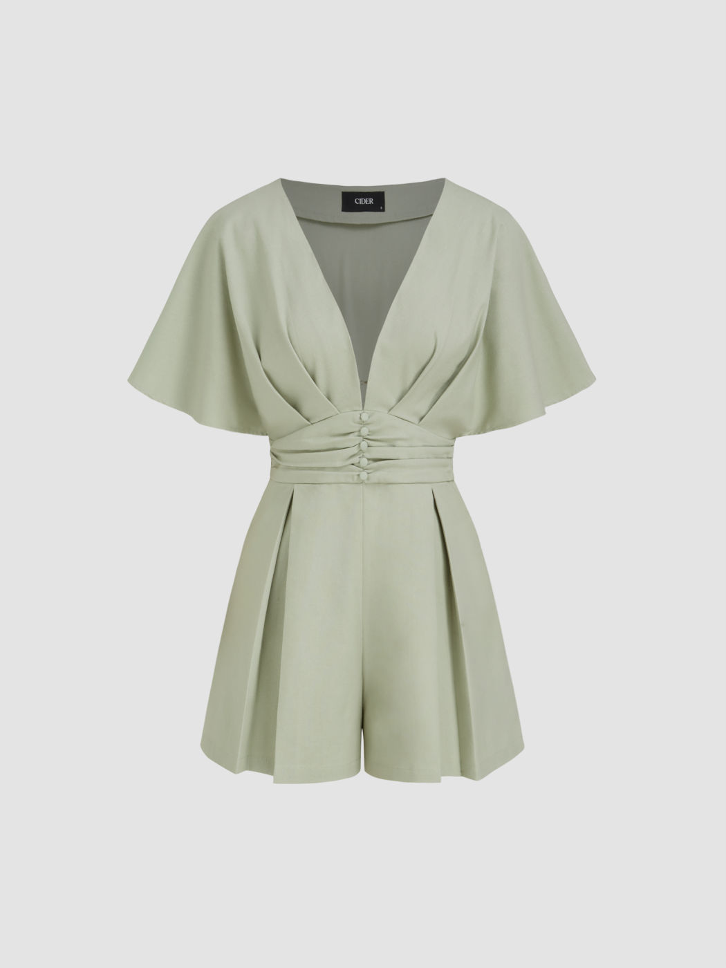 Linen-blend V-neck Ruched Pleated Romper