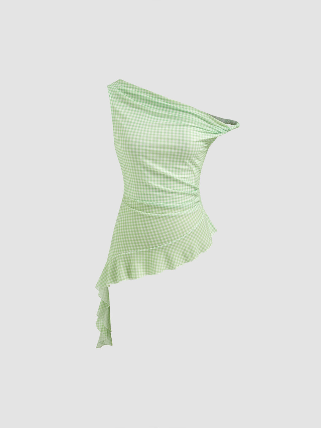 Mesh-Asymmetrischer Hals Gingham-Schürze-Rand Twist-Rusche Oberteil
