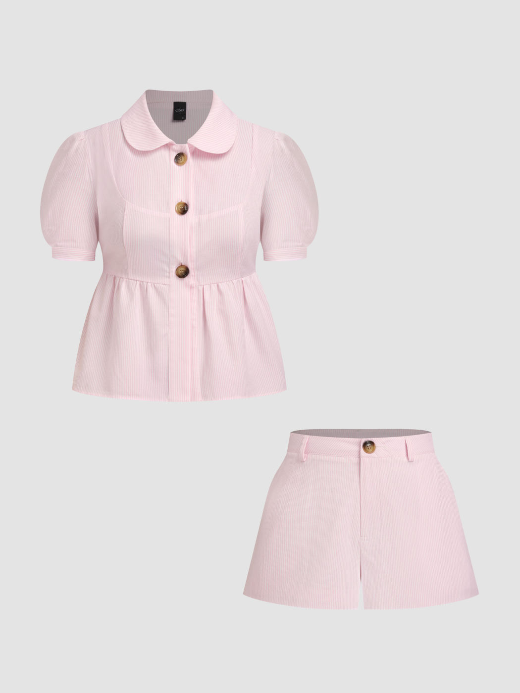 Cotton-blend Peter Pan Collar Puff Sleeve Stripe Top & Low Rise Shorts Set